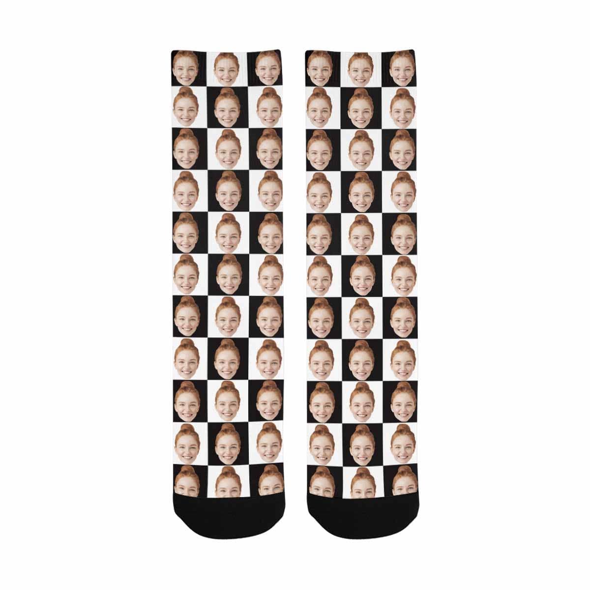 FacePajamas Sublimated Crew Socks One Size Custom Face Black & White Grid Socks Personalized Sublimated Crew Socks Unisex Gift for Men Women