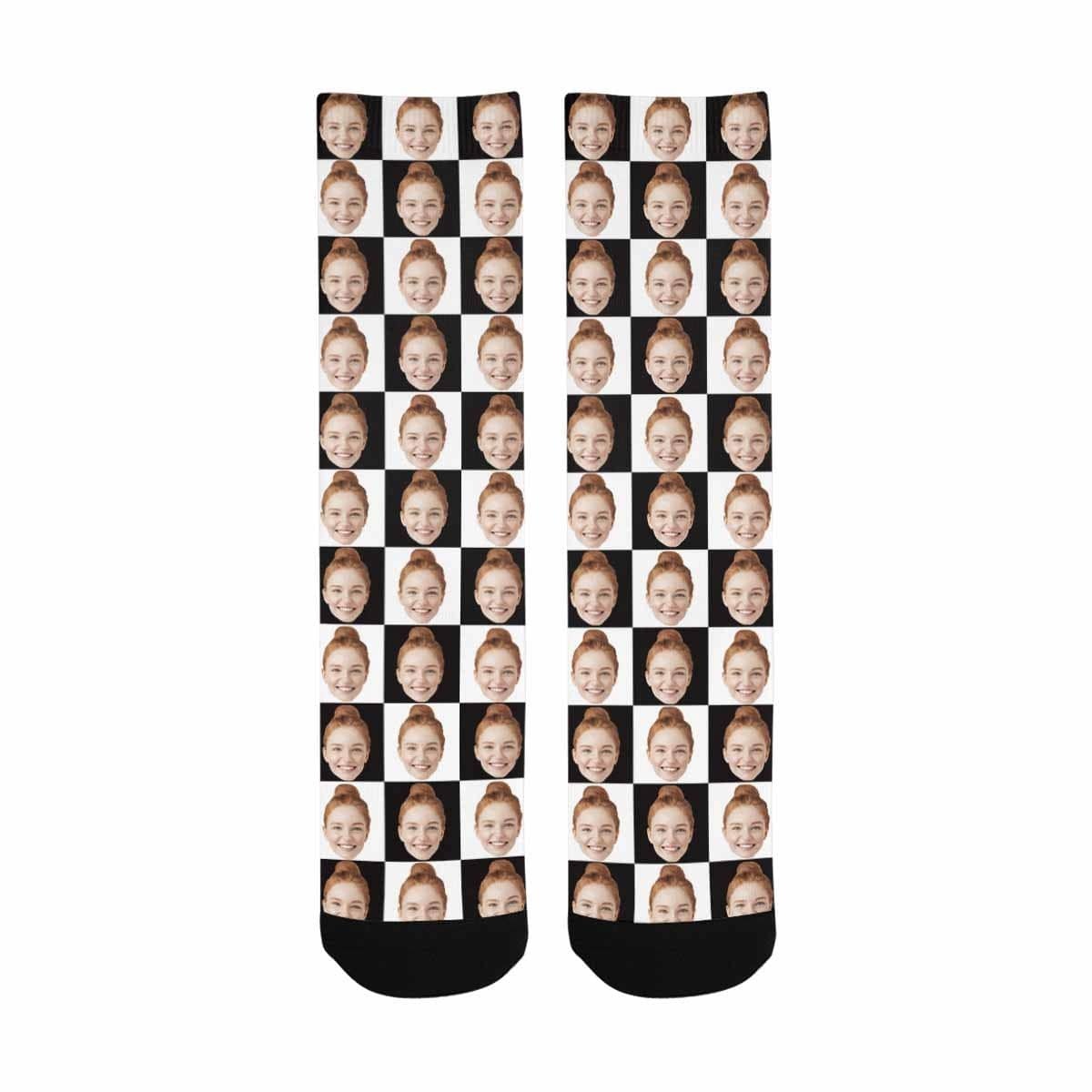 FacePajamas Sublimated Crew Socks One Size Custom Face Black & White Grid Socks Personalized Sublimated Crew Socks Unisex Gift for Men Women