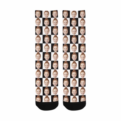 FacePajamas Sublimated Crew Socks One Size Custom Face Black & White Grid Socks Personalized Sublimated Crew Socks Unisex Gift for Men Women