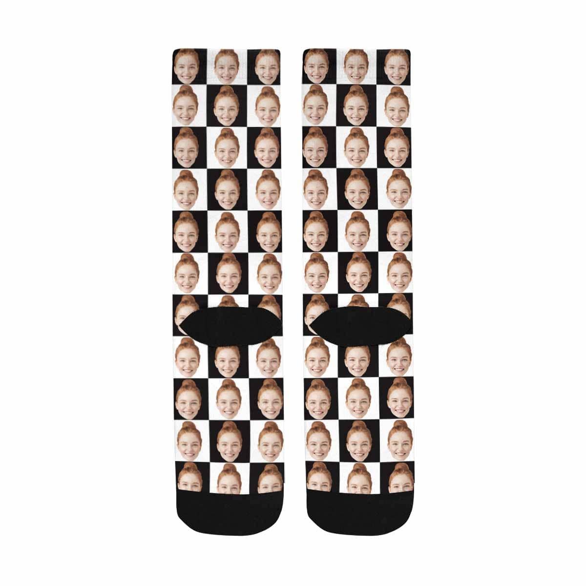 FacePajamas Sublimated Crew Socks One Size Custom Face Black & White Grid Socks Personalized Sublimated Crew Socks Unisex Gift for Men Women