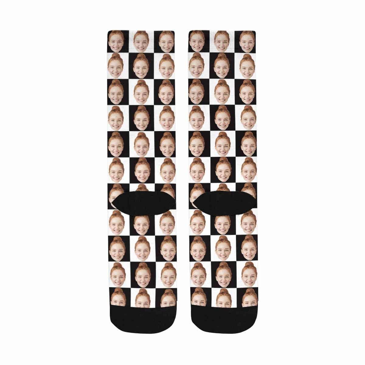 FacePajamas Sublimated Crew Socks One Size Custom Face Black & White Grid Socks Personalized Sublimated Crew Socks Unisex Gift for Men Women