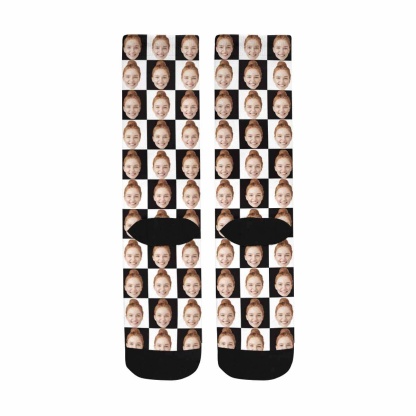 FacePajamas Sublimated Crew Socks One Size Custom Face Black & White Grid Socks Personalized Sublimated Crew Socks Unisex Gift for Men Women