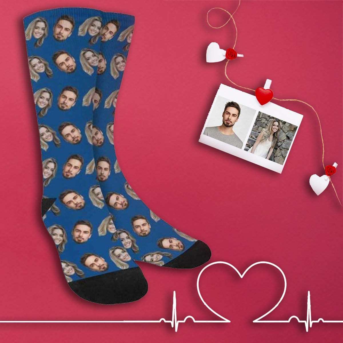 FacePajamas Sublimated Crew Socks One Size Custom Face Blue Socks Personalized Photo Sublimated Crew Socks Unisex Gift for Men Women