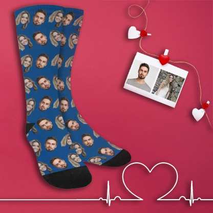 FacePajamas Sublimated Crew Socks One Size Custom Face Blue Socks Personalized Photo Sublimated Crew Socks Unisex Gift for Men Women