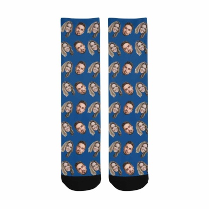 FacePajamas Sublimated Crew Socks One Size Custom Face Blue Socks Personalized Photo Sublimated Crew Socks Unisex Gift for Men Women