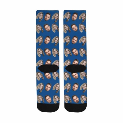 FacePajamas Sublimated Crew Socks One Size Custom Face Blue Socks Personalized Photo Sublimated Crew Socks Unisex Gift for Men Women
