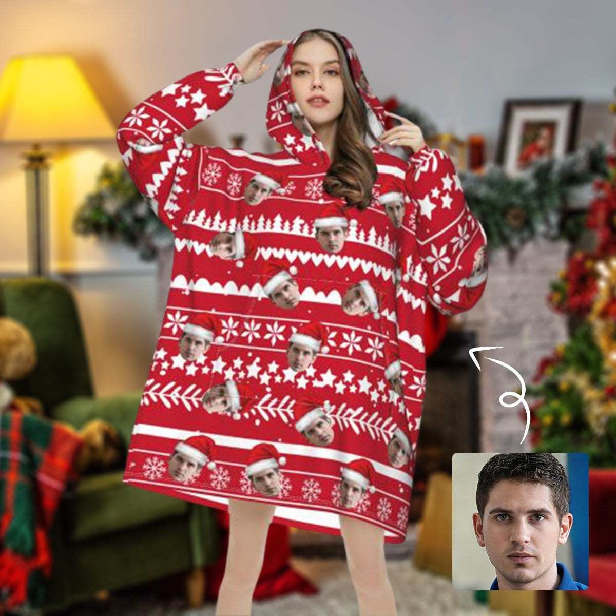 FacePajamas Pajama One Size Custom Face Christmas Hat Hooded Pajama Fleece Loungewear