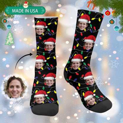 FacePajamas Sublimated Crew Socks One Size Custom Face Christmas Socks Lanterns Personalized Photo Sublimated Crew Socks Gift for Christmas