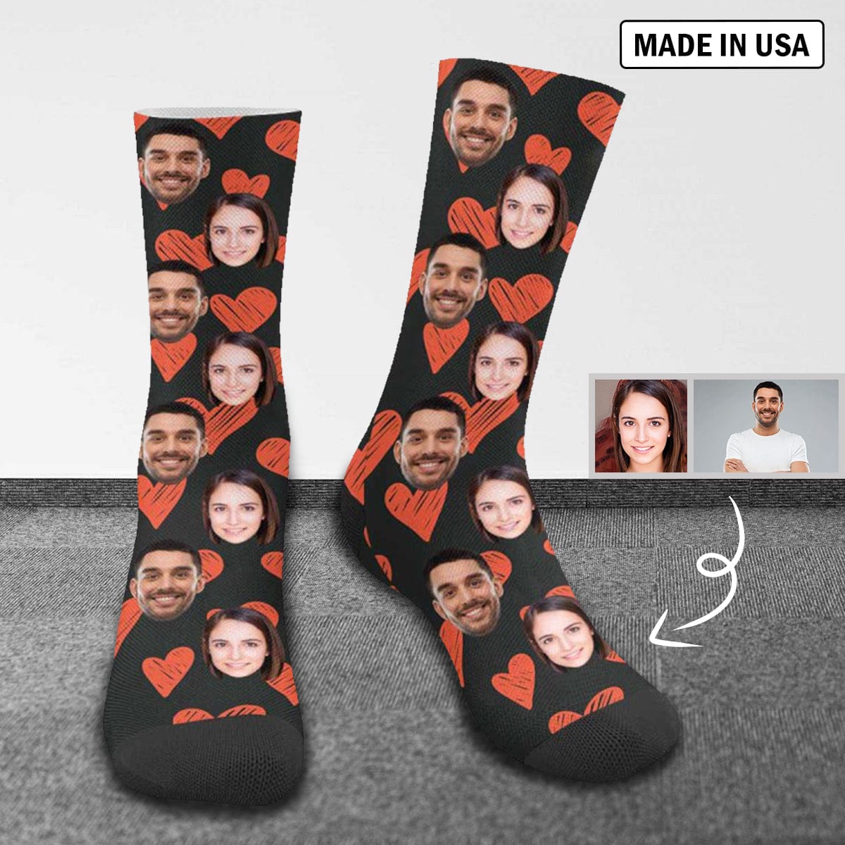 FacePajamas Sublimated Crew Socks One Size Custom Face Couple Socks Personalized Photo Love Heart Sublimated Crew Socks
