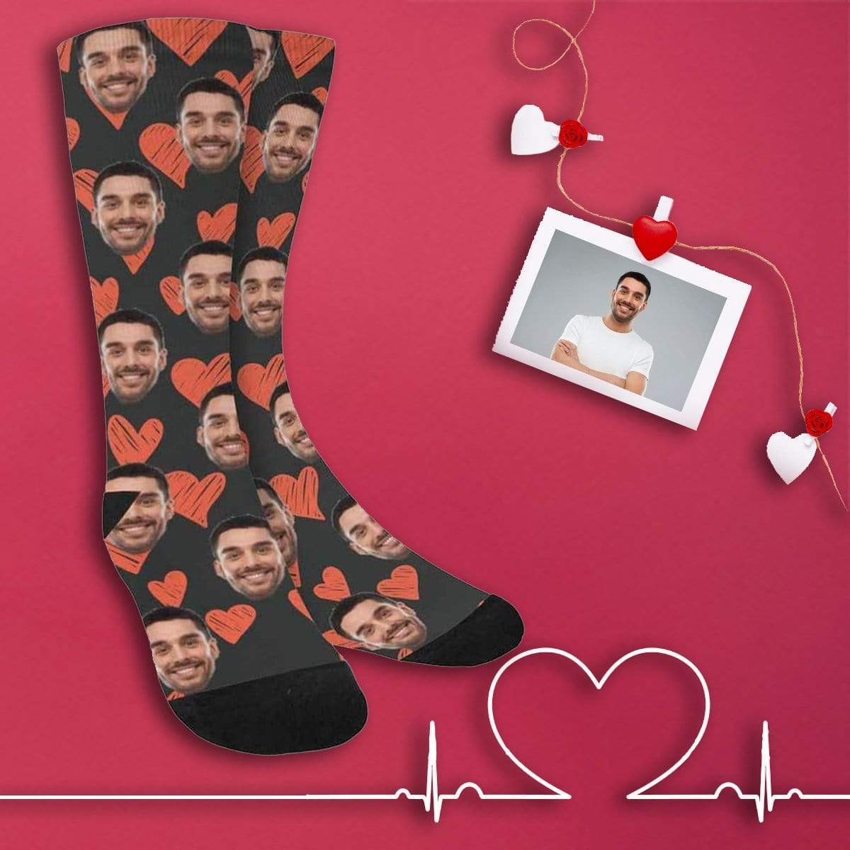 FacePajamas Sublimated Crew Socks One Size Custom Face Heart Socks Personalized Picture Sublimated Crew Socks Unisex Gift for Men Women