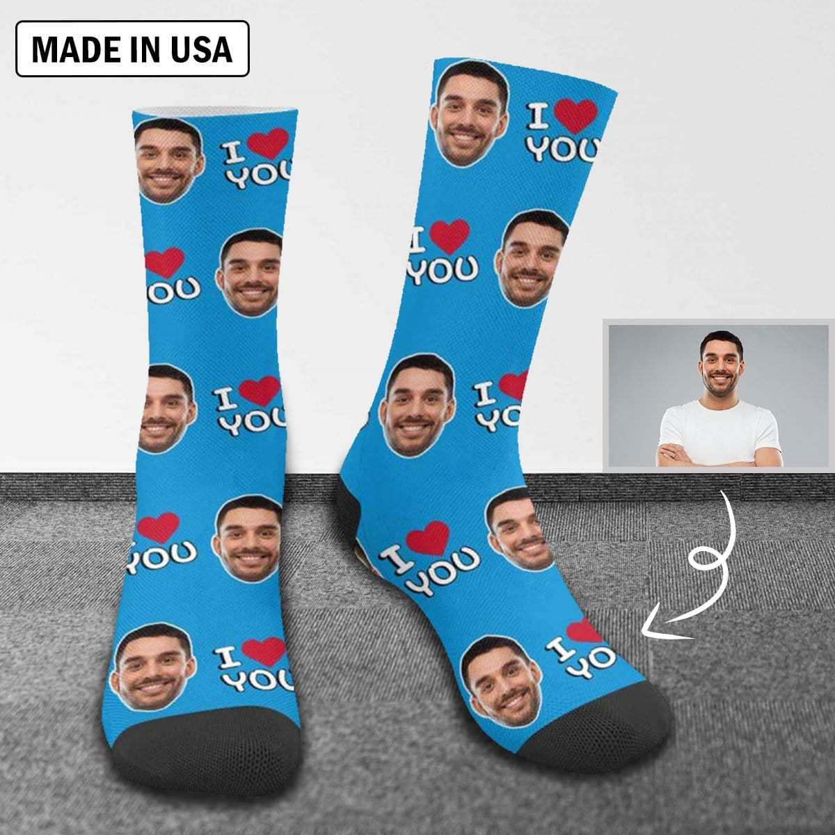 FacePajamas Sublimated Crew Socks One Size Custom Face I Love You Blue Socks Personalized Photo Sublimated Crew Socks Unisex Gift for Men Women
