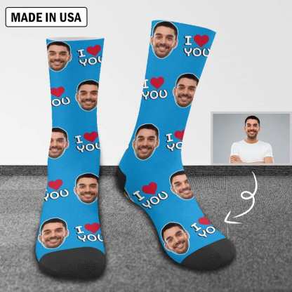 FacePajamas Sublimated Crew Socks One Size Custom Face I Love You Blue Socks Personalized Photo Sublimated Crew Socks Unisex Gift for Men Women