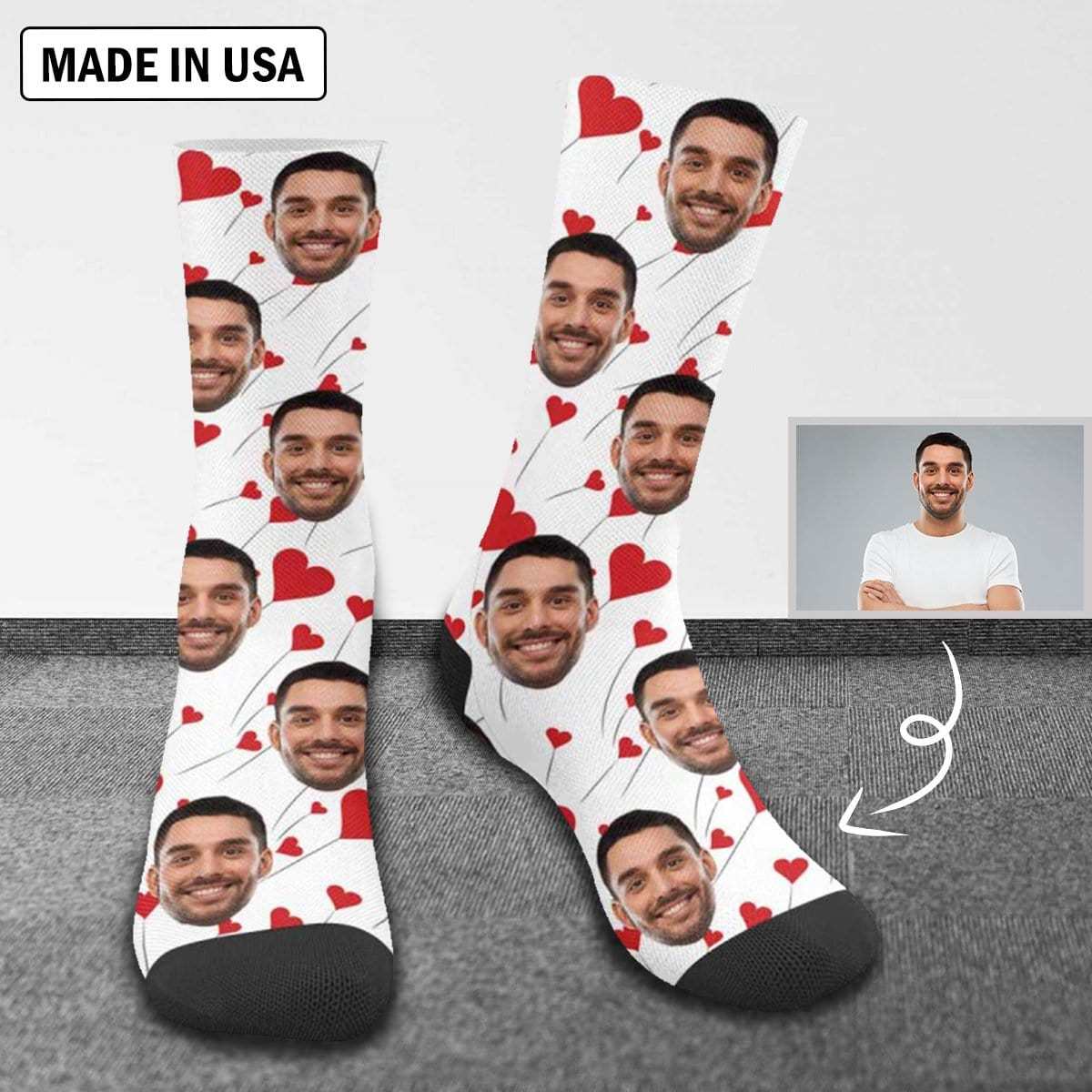 FacePajamas Sublimated Crew Socks One Size Custom Face Love Balloons Socks Personalized Picture Sublimated Crew Socks Unisex Gift for Men Women