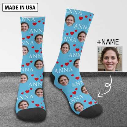 FacePajamas Sublimated Crew Socks One Size Custom Face&Name Socks Personalized Red Love Sublimated Crew Socks Unisex Gift for Men Women