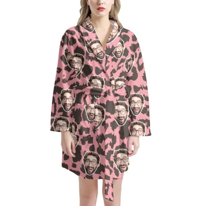 FacePajamas Pajama Bathrobe-2ML-ZD one size Custom Face Pink Leopard Print Women's Summer Bathrobe Gifts for Her