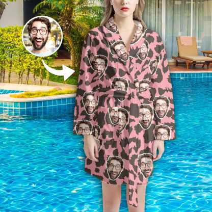 FacePajamas Pajama Bathrobe-2ML-ZD one size Custom Face Pink Leopard Print Women's Summer Bathrobe Gifts for Her