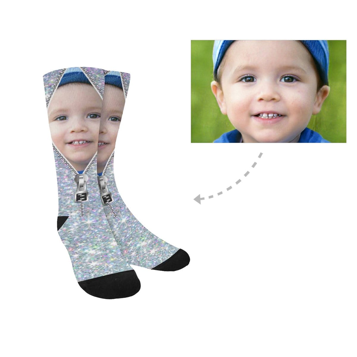 FacePajamas Sublimated Crew Socks One Size Custom Face Printed on Socks Zipper Silvery Sublimated Crew Socks Personalized Picture Socks Unisex Gift for Men Women
