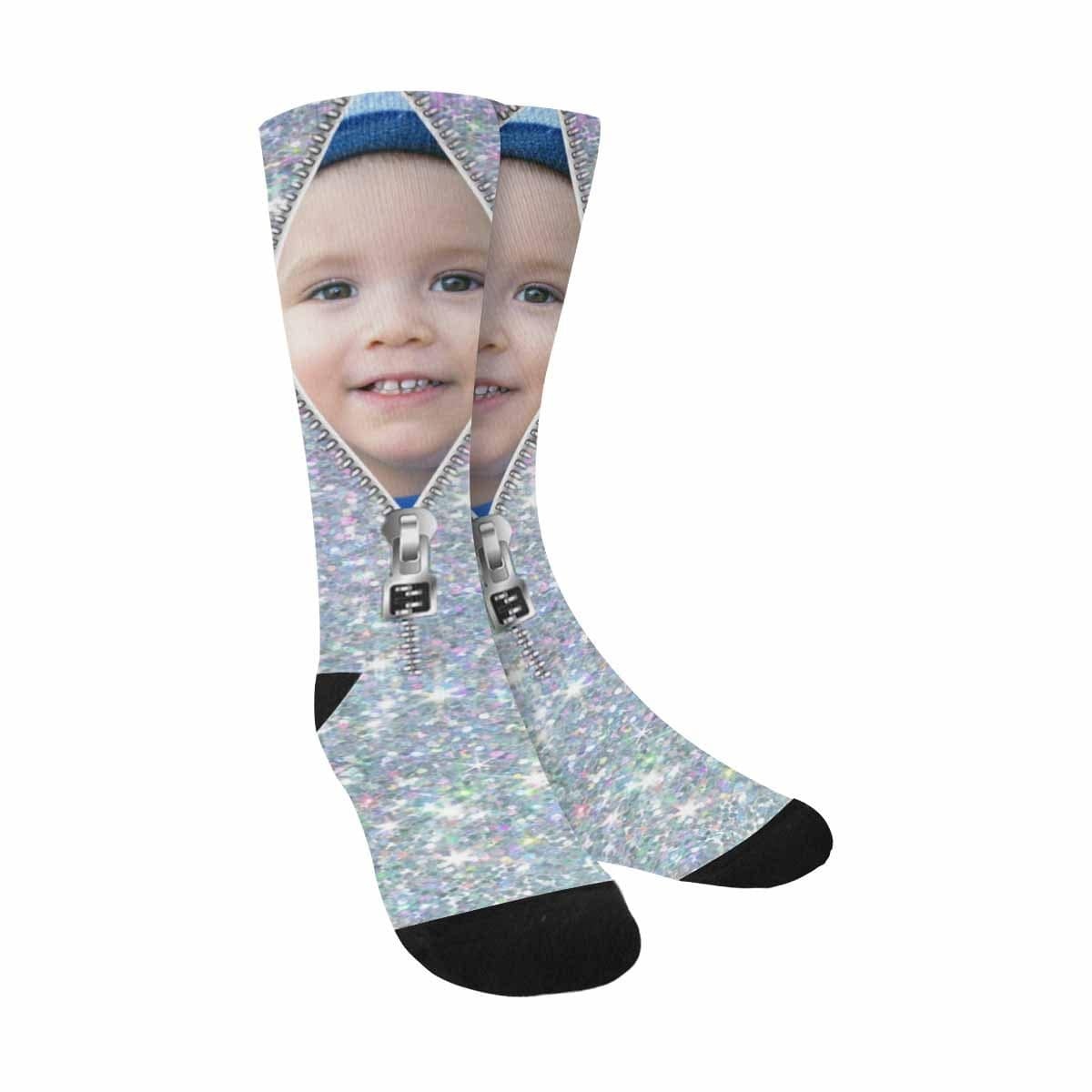 FacePajamas Sublimated Crew Socks One Size Custom Face Printed on Socks Zipper Silvery Sublimated Crew Socks Personalized Picture Socks Unisex Gift for Men Women