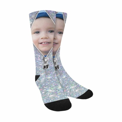 FacePajamas Sublimated Crew Socks One Size Custom Face Printed on Socks Zipper Silvery Sublimated Crew Socks Personalized Picture Socks Unisex Gift for Men Women