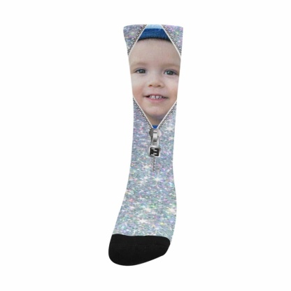 FacePajamas Sublimated Crew Socks One Size Custom Face Printed on Socks Zipper Silvery Sublimated Crew Socks Personalized Picture Socks Unisex Gift for Men Women