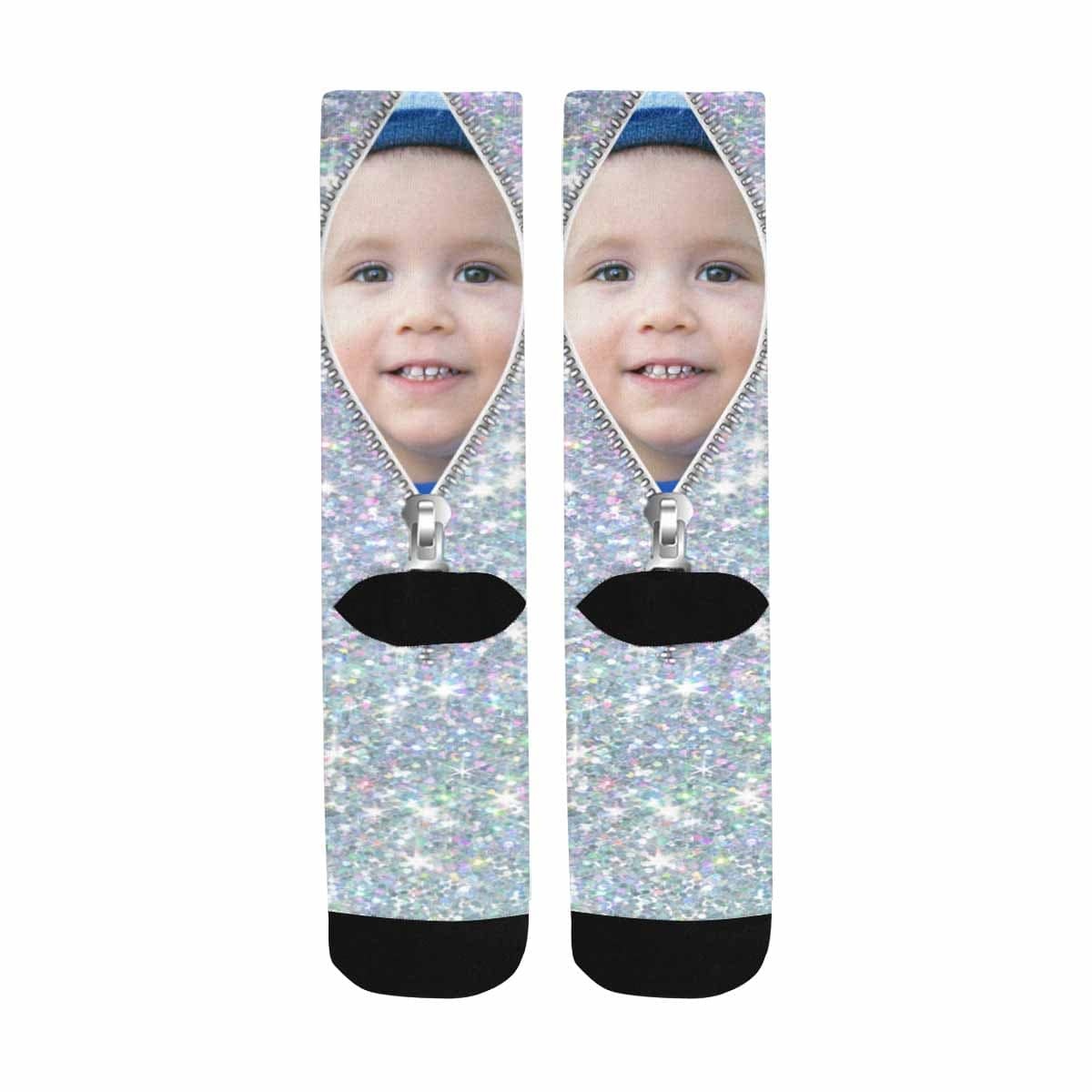 FacePajamas Sublimated Crew Socks One Size Custom Face Printed on Socks Zipper Silvery Sublimated Crew Socks Personalized Picture Socks Unisex Gift for Men Women