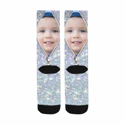 FacePajamas Sublimated Crew Socks One Size Custom Face Printed on Socks Zipper Silvery Sublimated Crew Socks Personalized Picture Socks Unisex Gift for Men Women
