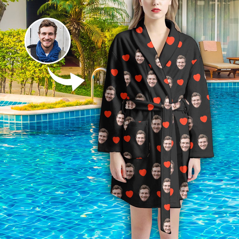 FacePajamas Pajama Bathrobe-2ML-ZD one size Custom Face Red Heart Women's Summer Bathrobe Gifts for Her
