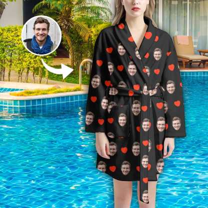 FacePajamas Pajama Bathrobe-2ML-ZD one size Custom Face Red Heart Women's Summer Bathrobe Gifts for Her