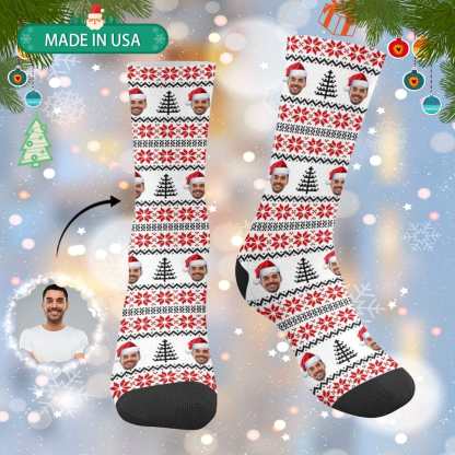 FacePajamas Sublimated Crew Socks One Size Custom Face Sublimated Crew Socks Red Pattern Personalized Photo Socks Gift for Christmas