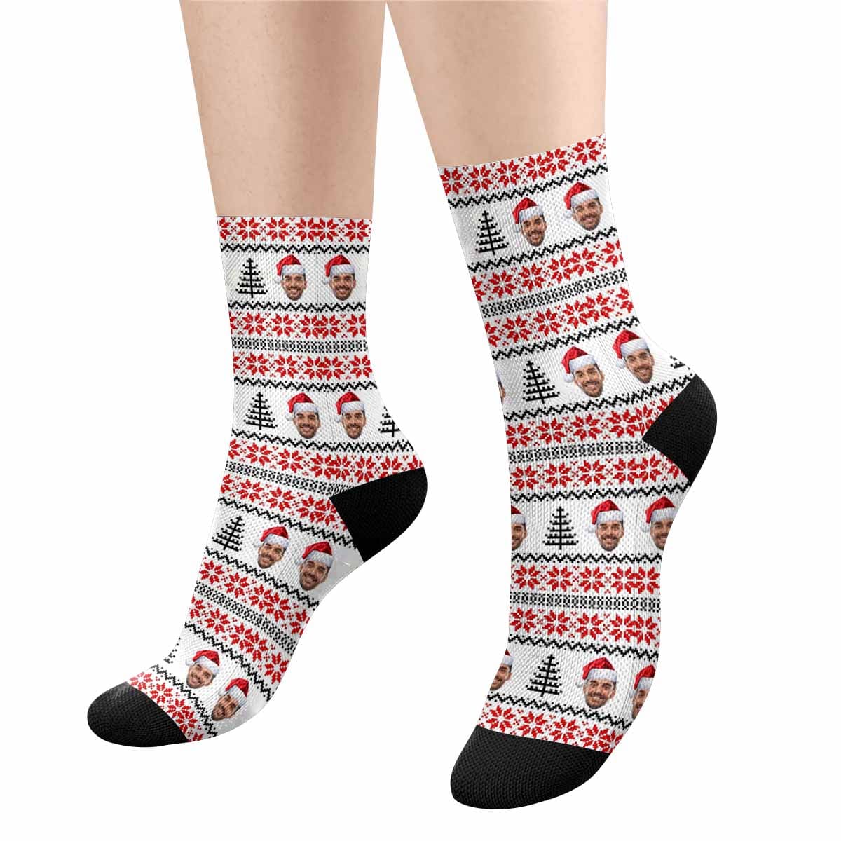 FacePajamas Sublimated Crew Socks One Size Custom Face Sublimated Crew Socks Red Pattern Personalized Photo Socks Gift for Christmas