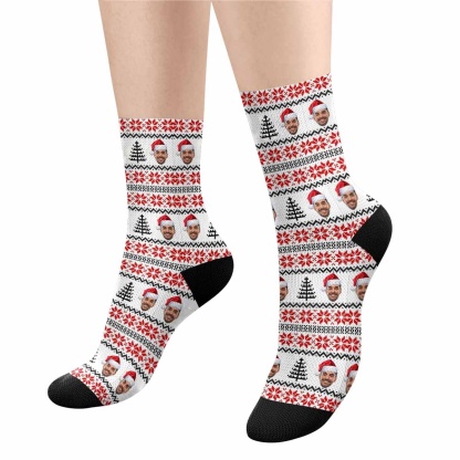 FacePajamas Sublimated Crew Socks One Size Custom Face Sublimated Crew Socks Red Pattern Personalized Photo Socks Gift for Christmas
