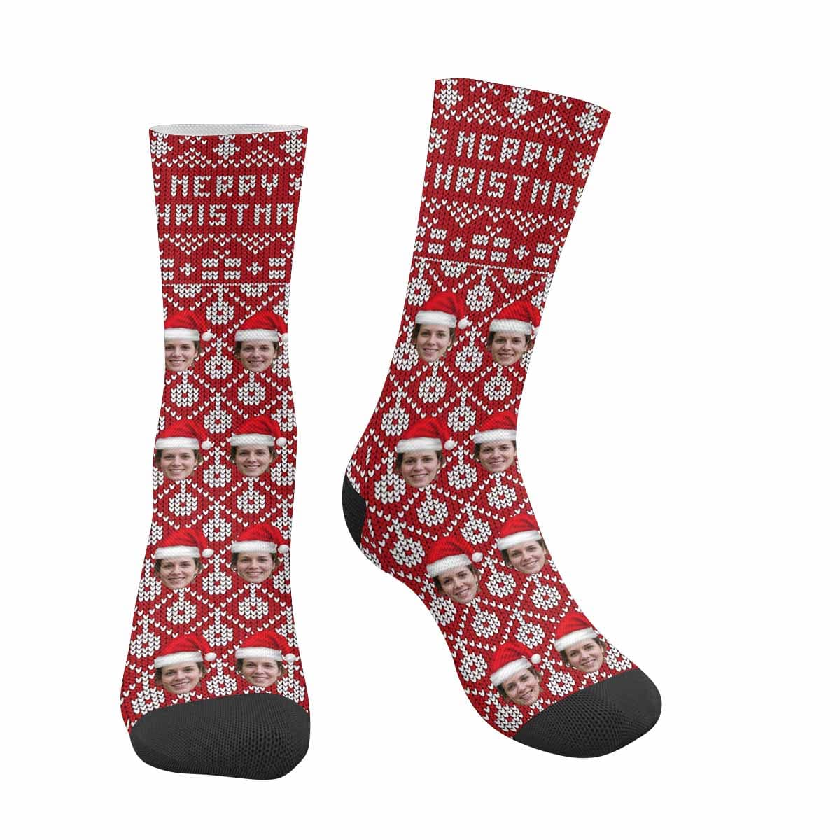 FacePajamas Sublimated Crew Socks One Size Custom Face Sublimated Crew Socks Red Socks Merry Christmas Personalized Funny Photo Socks Gift
