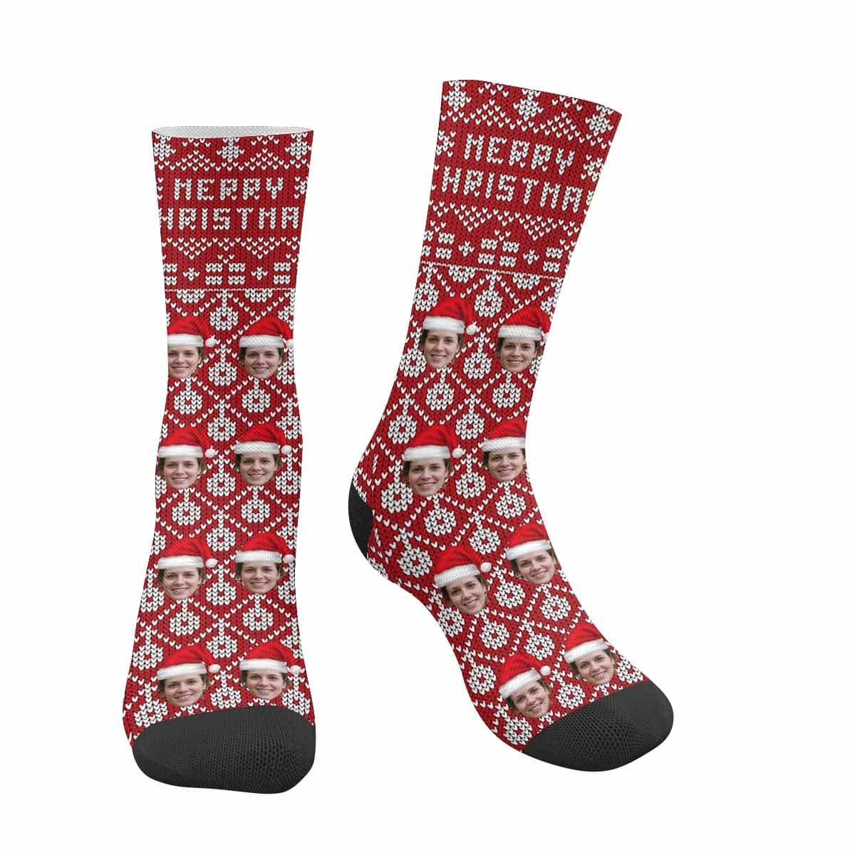 FacePajamas Sublimated Crew Socks One Size Custom Face Sublimated Crew Socks Red Socks Merry Christmas Personalized Funny Photo Socks Gift