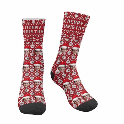 FacePajamas Sublimated Crew Socks One Size Custom Face Sublimated Crew Socks Red Socks Merry Christmas Personalized Funny Photo Socks Gift