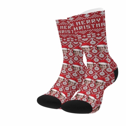 FacePajamas Sublimated Crew Socks One Size Custom Face Sublimated Crew Socks Red Socks Merry Christmas Personalized Funny Photo Socks Gift