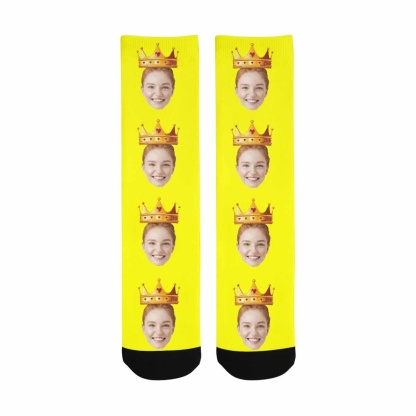 FacePajamas Sublimated Crew Socks One Size Custom Girlfriend Face Socks Personalized Crown Yellow Sublimated Crew Socks Unisex Gift