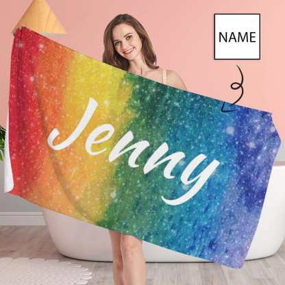 FacePajamas Bath Towel One Size Custom Name Rainbow  Bath Towel 30"x56" Beach Towel Kids Towel Pool Towel Camp Towel