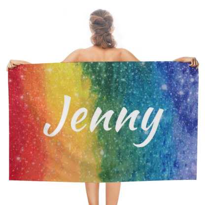 FacePajamas Bath Towel One Size Custom Name Rainbow  Bath Towel 30"x56" Beach Towel Kids Towel Pool Towel Camp Towel