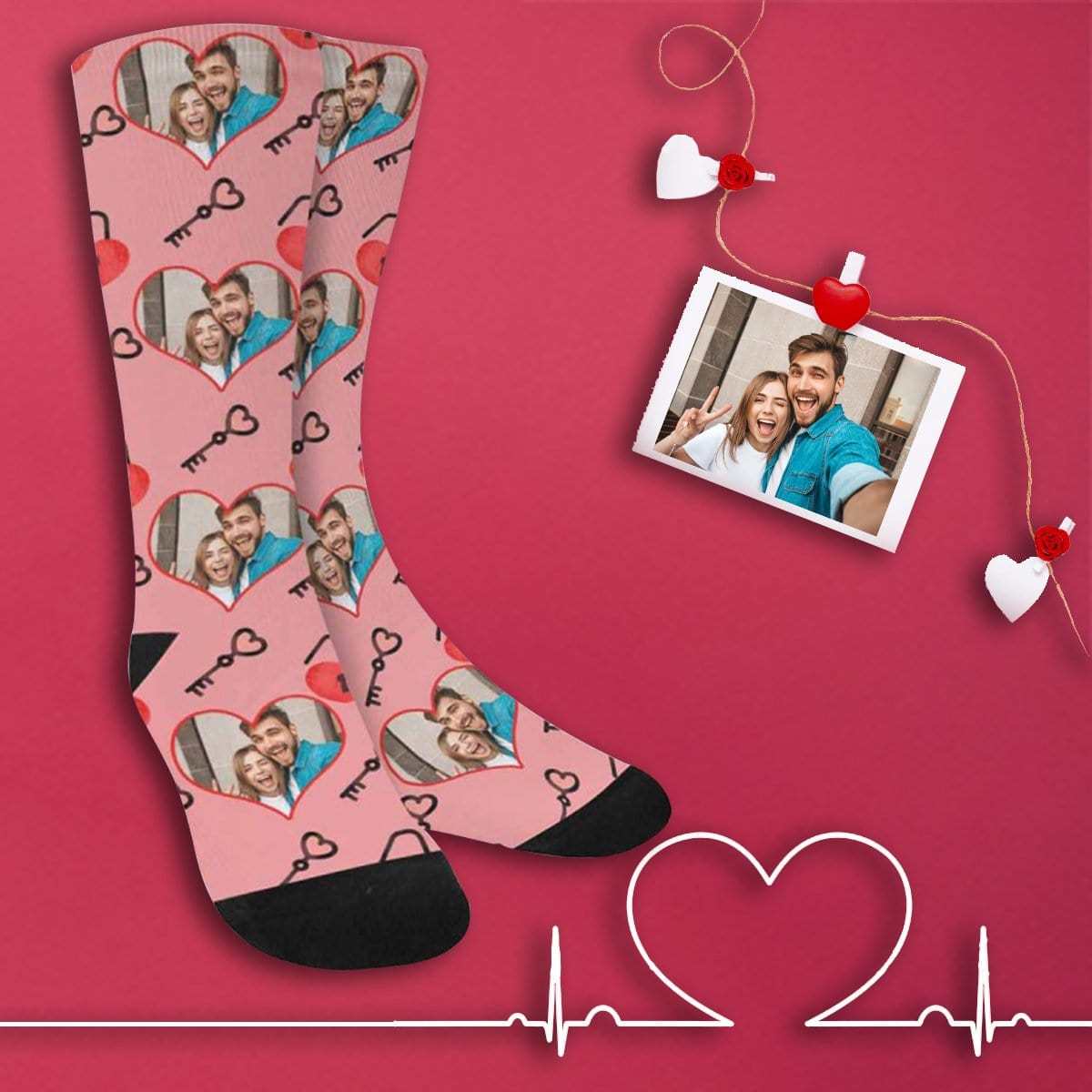 FacePajamas Sublimated Crew Socks One Size Custom Photo Pink Socks Personalized Photo Keys Sublimated Crew Socks