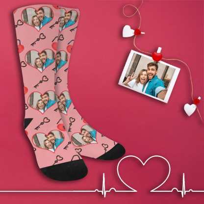 FacePajamas Sublimated Crew Socks One Size Custom Photo Pink Socks Personalized Photo Keys Sublimated Crew Socks