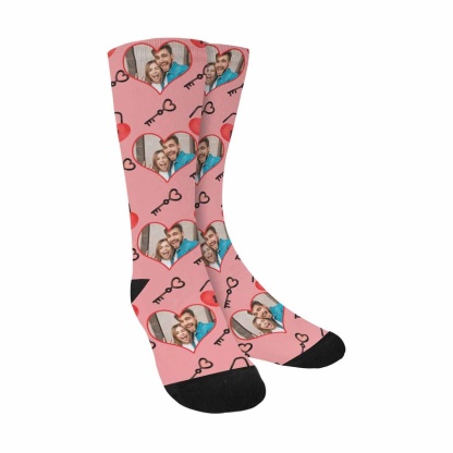 FacePajamas Sublimated Crew Socks One Size Custom Photo Pink Socks Personalized Photo Keys Sublimated Crew Socks