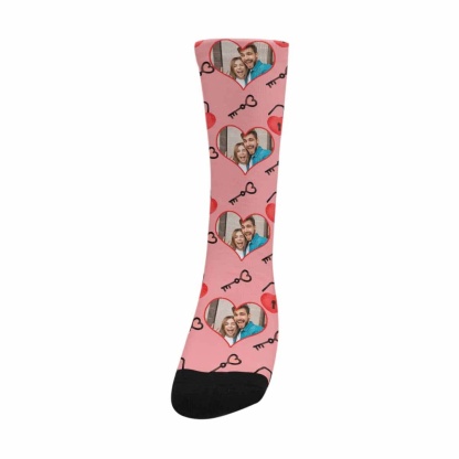 FacePajamas Sublimated Crew Socks One Size Custom Photo Pink Socks Personalized Photo Keys Sublimated Crew Socks