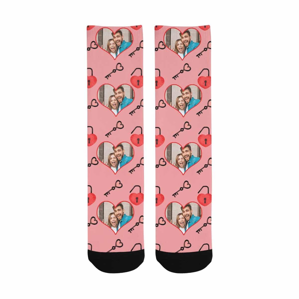 FacePajamas Sublimated Crew Socks One Size Custom Photo Pink Socks Personalized Photo Keys Sublimated Crew Socks