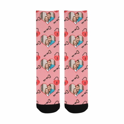 FacePajamas Sublimated Crew Socks One Size Custom Photo Pink Socks Personalized Photo Keys Sublimated Crew Socks