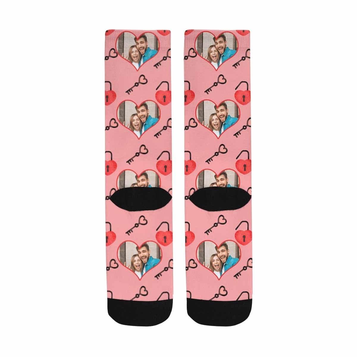 FacePajamas Sublimated Crew Socks One Size Custom Photo Pink Socks Personalized Photo Keys Sublimated Crew Socks