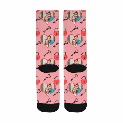 FacePajamas Sublimated Crew Socks One Size Custom Photo Pink Socks Personalized Photo Keys Sublimated Crew Socks