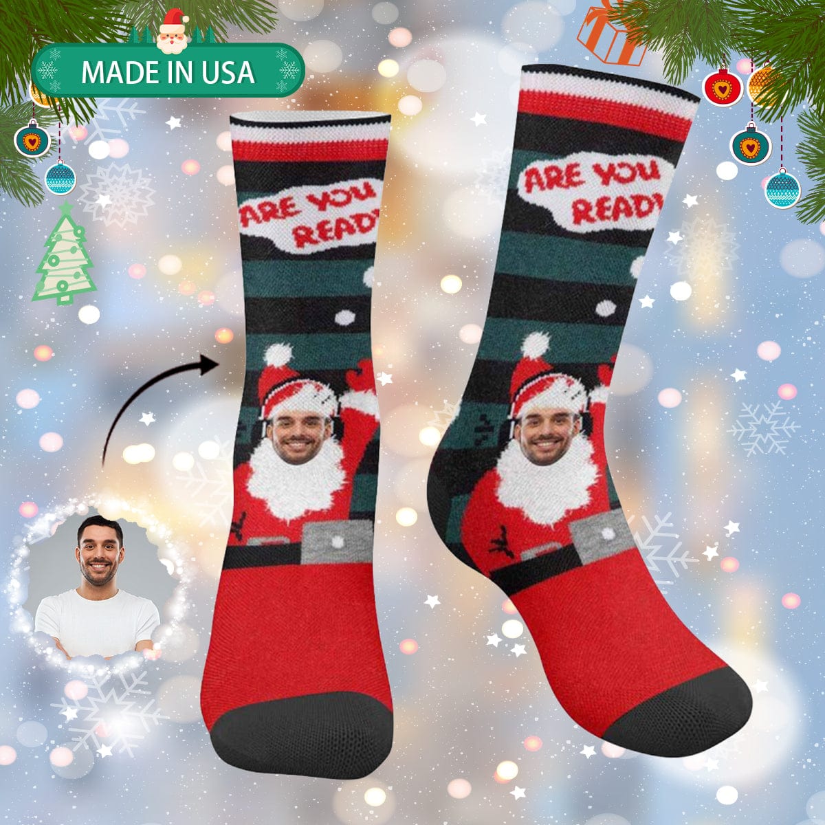 FacePajamas Sublimated Crew Socks One Size Custom Preparing Christmas Face Socks Personalized Funny Photo Socks Gift for Christmas