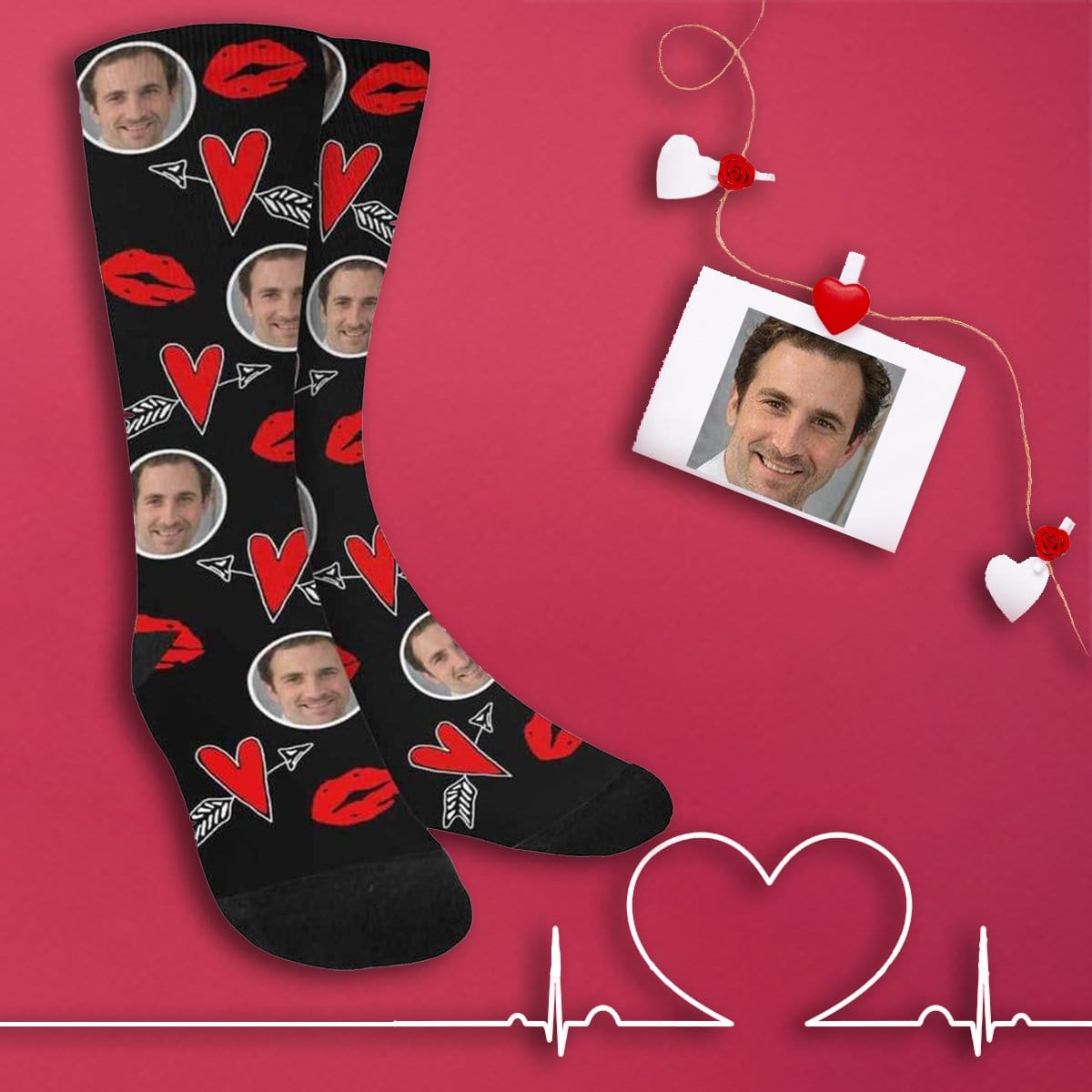 FacePajamas Sublimated Crew Socks One Size Custom Socks with Face Personalized Photo Heart Sublimated Crew Socks Unisex Gift for Men Women