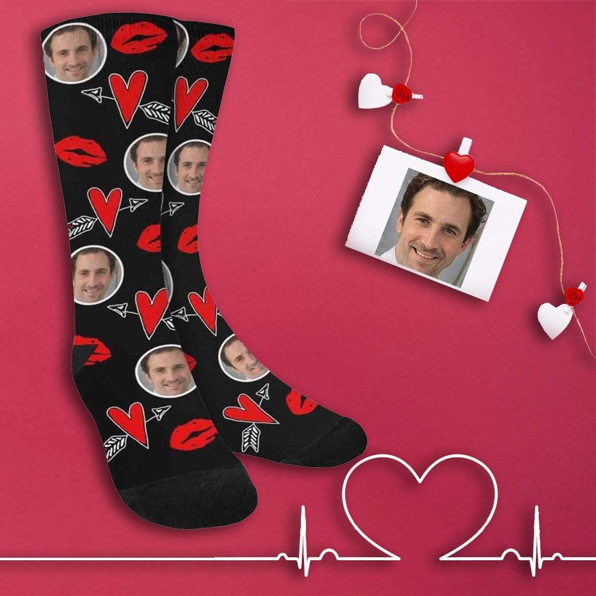 FacePajamas Sublimated Crew Socks One Size Custom Socks with Face Personalized Photo Heart Sublimated Crew Socks Unisex Gift for Men Women