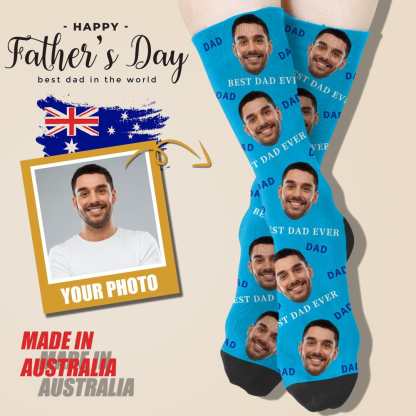 FacePajamas Sublimated Crew Socks One Size Custom Socks with Face Printed Blue Socks Personalized Photo Best Dad Sublimated Crew Socks